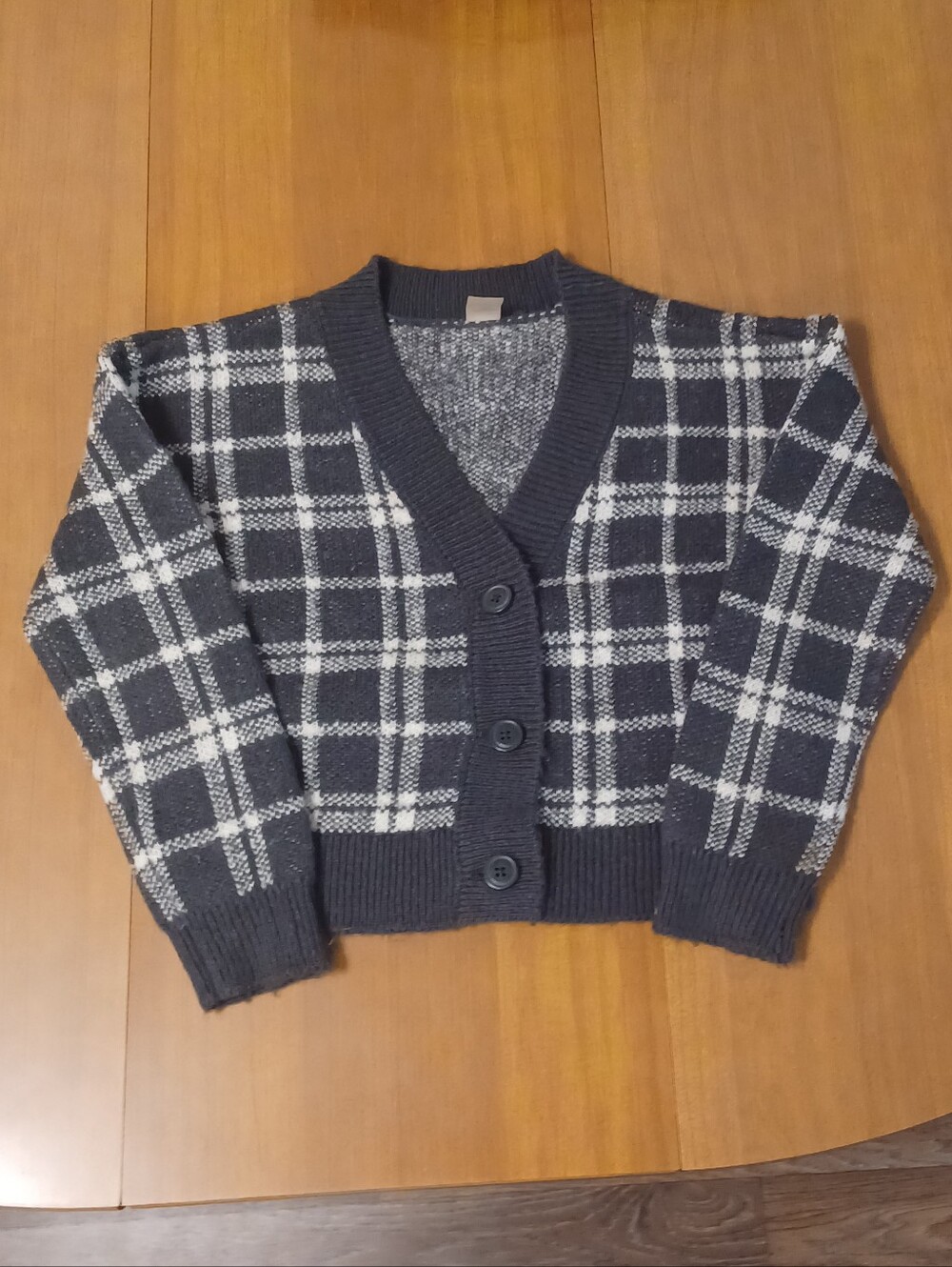 OshKosh B'Gosh Plaid Cardigan Sweater Girls 8/8A Black White Button V-Neck